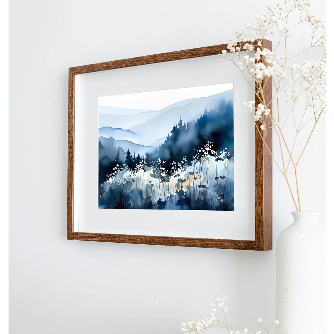 Blue Misty Mountain Ridges Wildflowers Watercolor Landscape Poster - Image 2