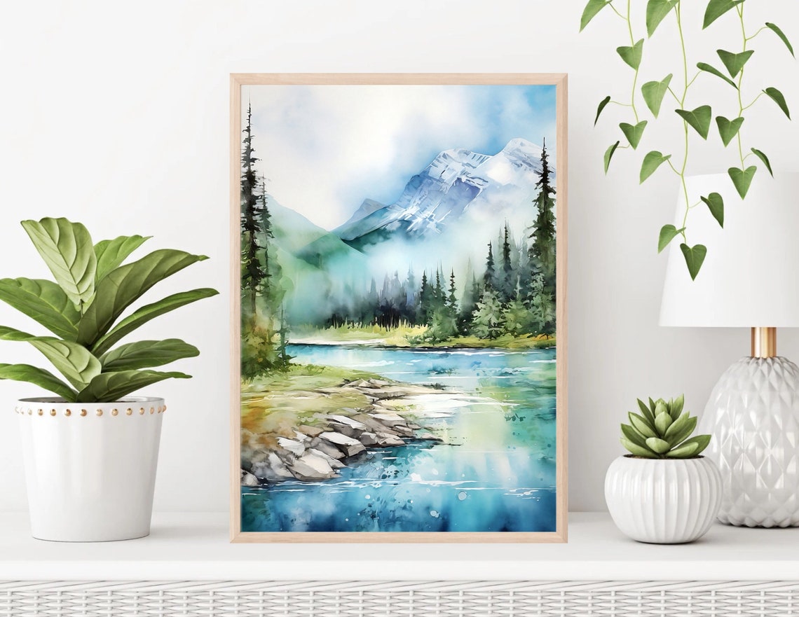 Banff National Park Snowy Peak Misty Pine River Watercolor Poster - Image 5