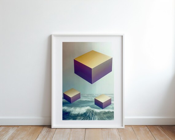 Surreal Floating Gold Cubes Over Ocean Waves Abstract Art Print