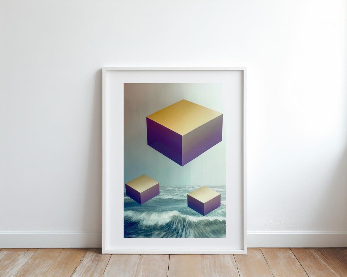 Surreal Floating Gold Cubes Over Ocean Waves Abstract Art Print