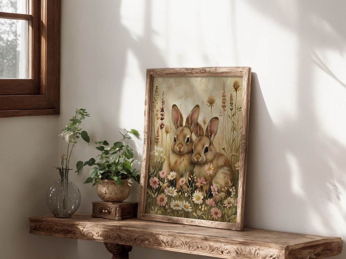 Vintage Style Bunnies Wildflower Meadow Painting Easter Poster - Image 6