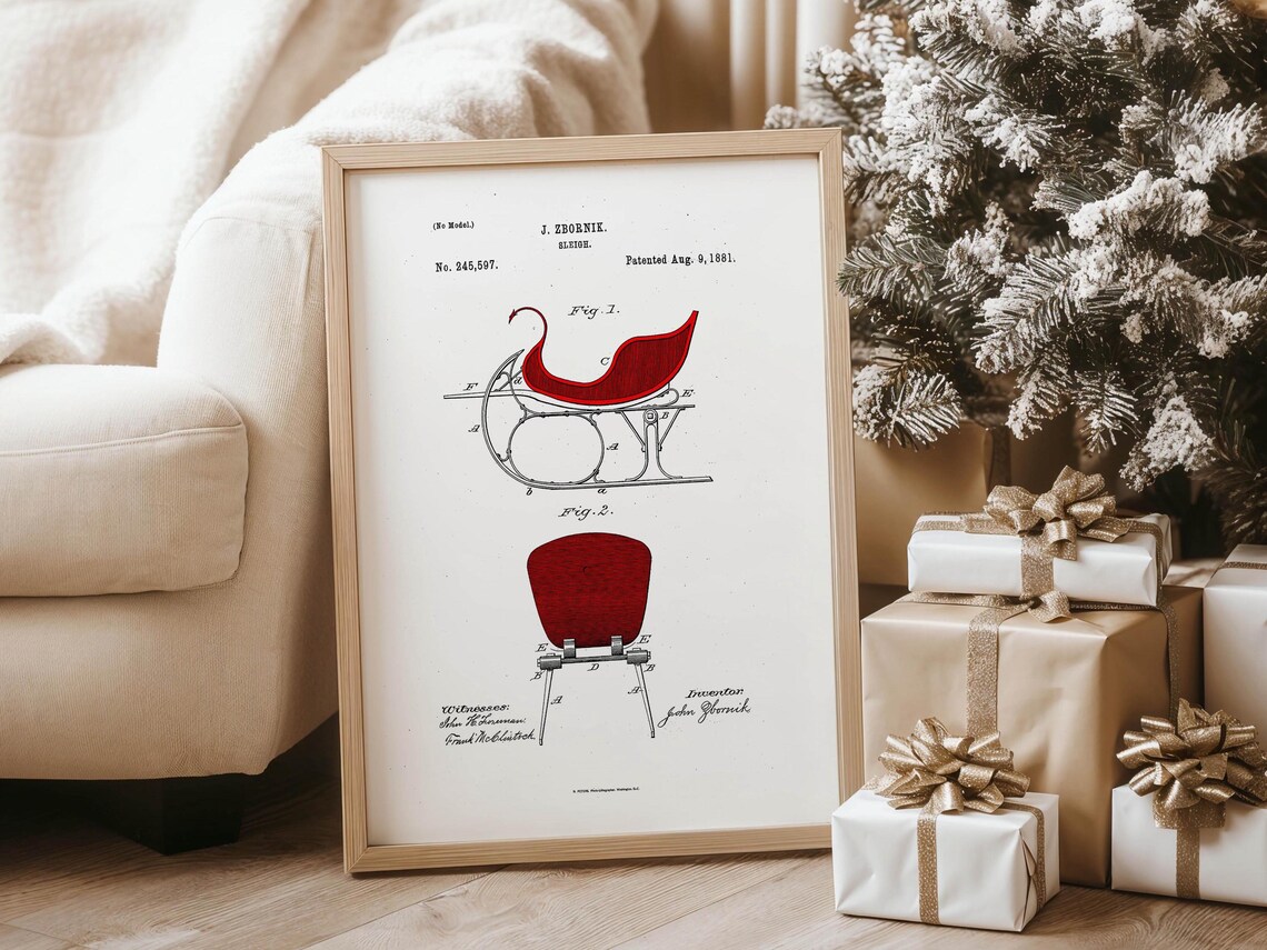 1881 Sleigh Patent Drawing Zbornik Red Sled Vintage Winter Poster - Image 5