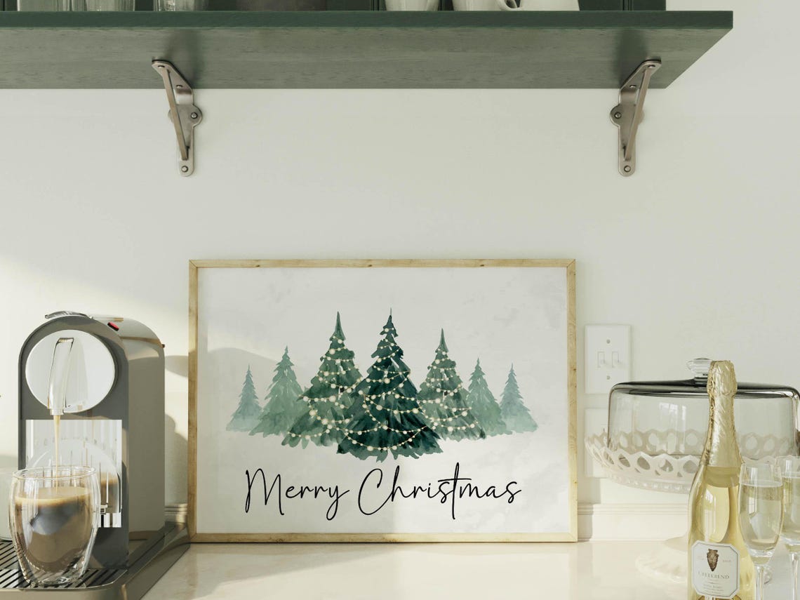 Merry Christmas Watercolor Trees String Lights Holiday Wall Poster - Image 5
