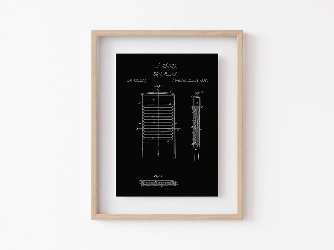 1858 Wash Board Patent Blueprint Drawing Black Laundry Room Poster - Image 4