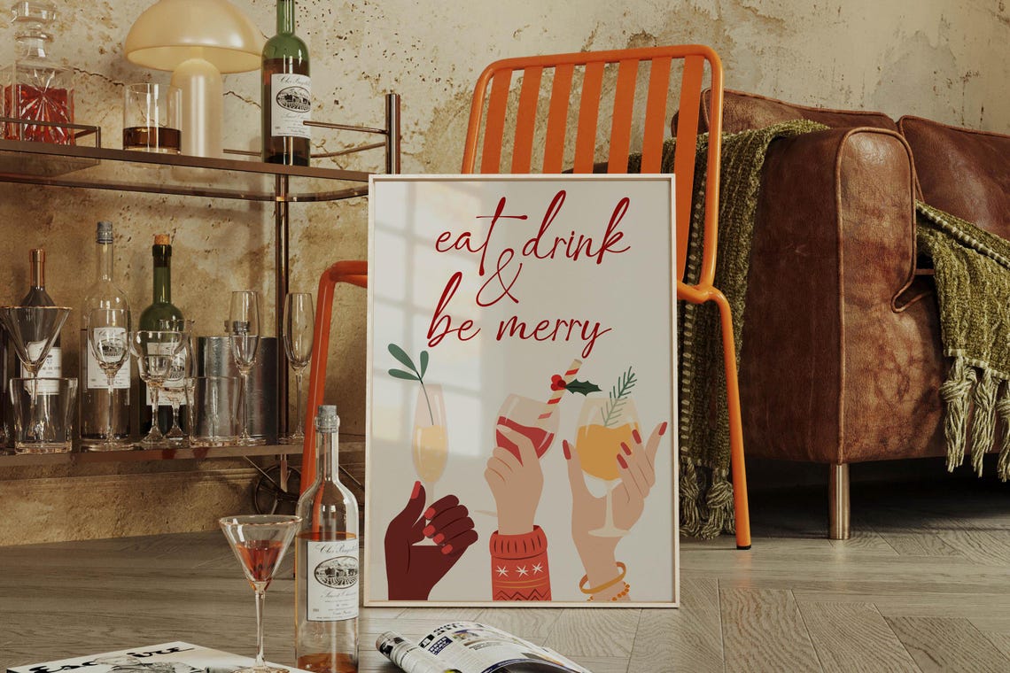 Eat Drink and Be Merry Holiday Christmas Cocktail Cheers Bar Poster - Image 2