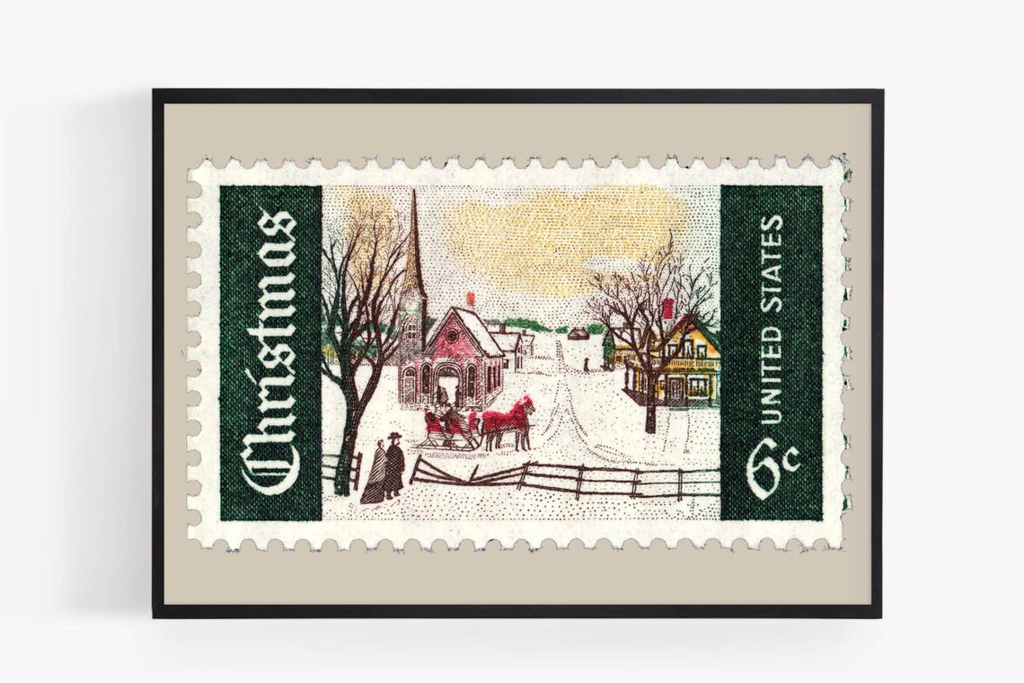 Vintage Christmas 6 Cent Postage Stamp Winter Scene Art Poster - Image 2