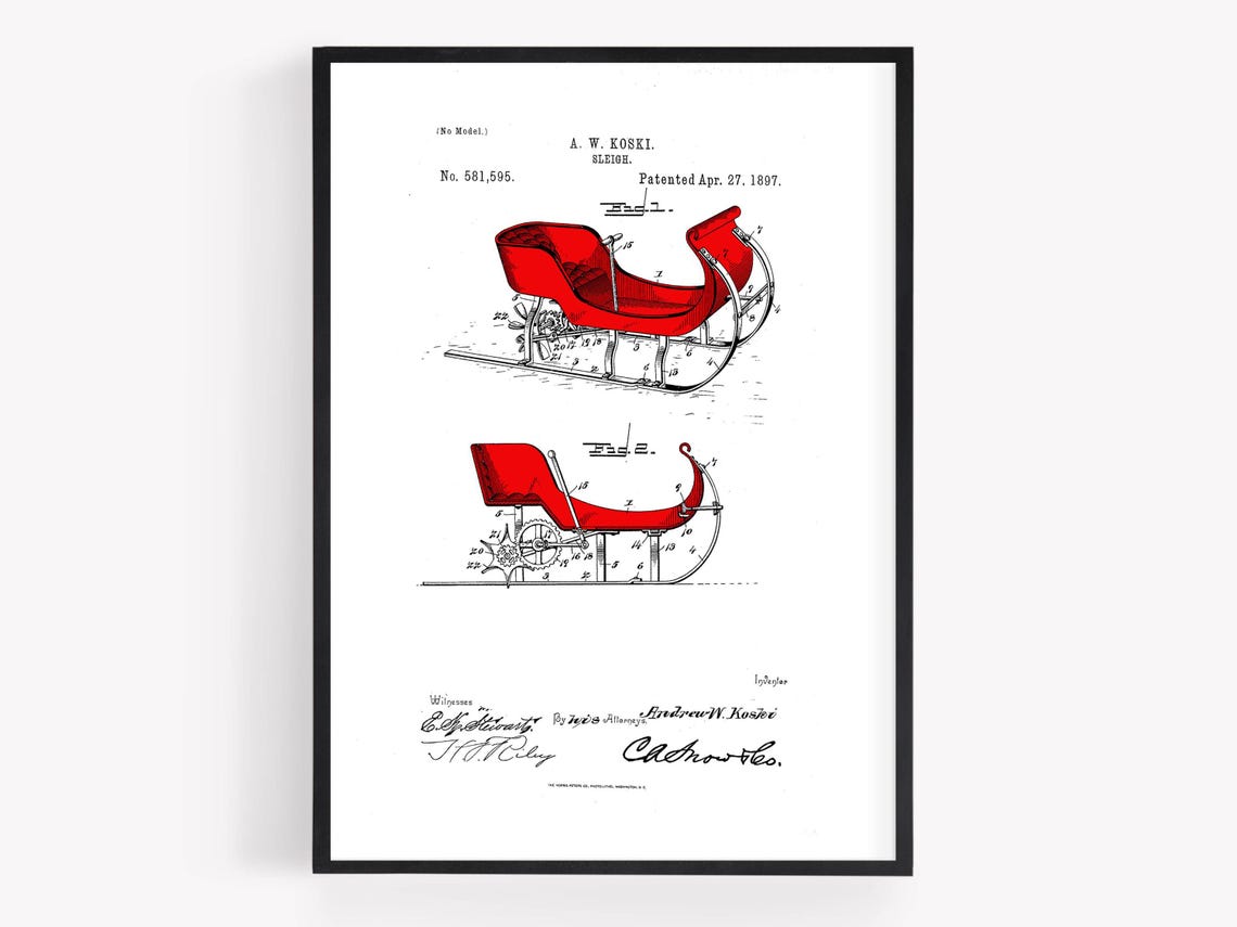 1897 Sleigh Patent Drawing Koski Red Sled Vintage Christmas Poster - Image 6