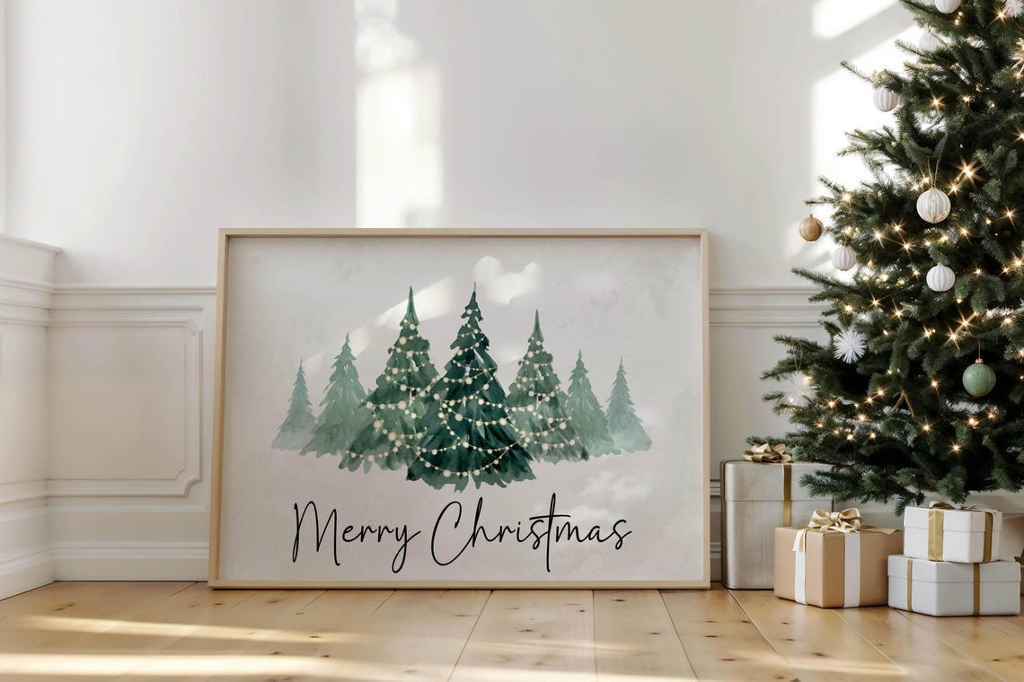 Merry Christmas Watercolor Trees String Lights Holiday Wall Poster - Image 4