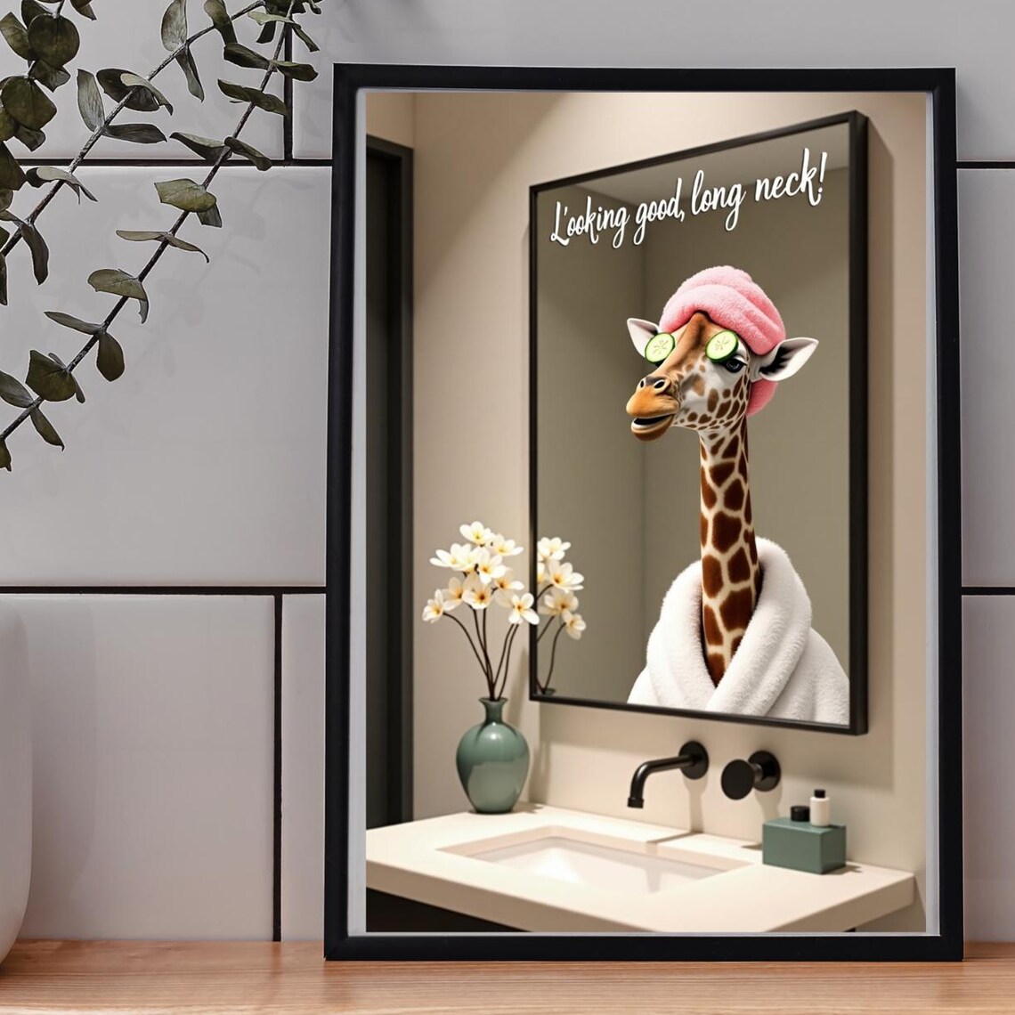 Funny Giraffe Bathroom Mirror Poster Looking Good Long Neck Whimsical Spa Wall Art For Powder Room Or Guest Bath
