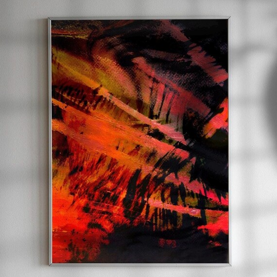 Sunrise Abstract Nature Painting Acrylic On Paper Black Orange Gold And Red Brushstrokes Art Print
