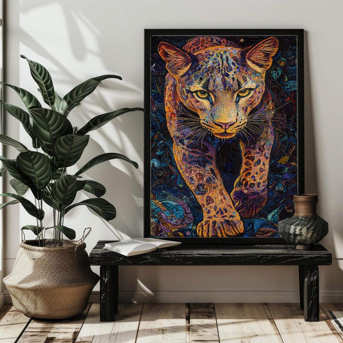Stained Glass Black Panther Face with Pink Roses Feline Poster - Image 3