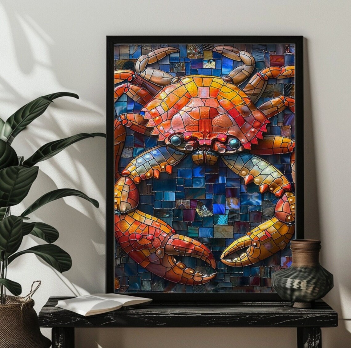 Stained Glass Crab Puzzle Art Print, Ocean Decor