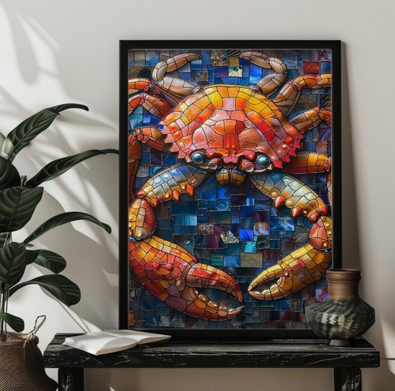 Stained Glass Crab Puzzle Art Print, Ocean Decor
