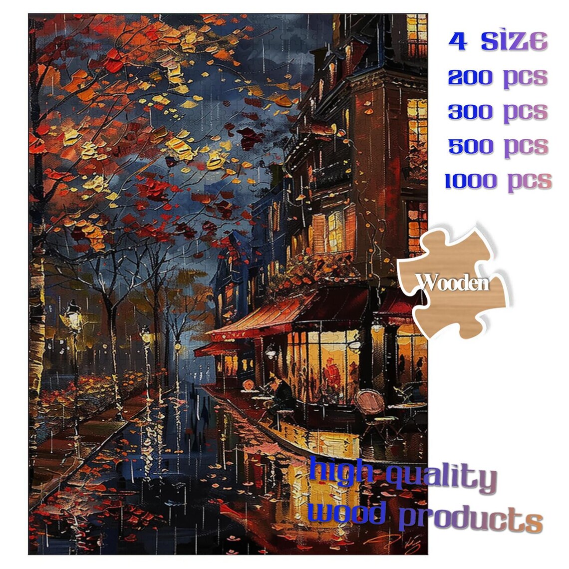 Rainy Autumn Paris Street Cafe Evening Oil Painting Scene Poster