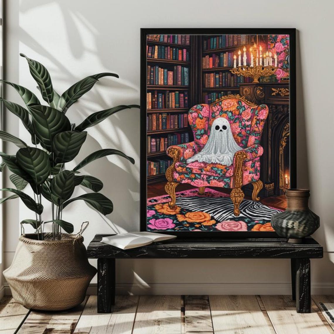Cute Friendly Ghost Reading a Book in a Vintage Library Poster - Image 2