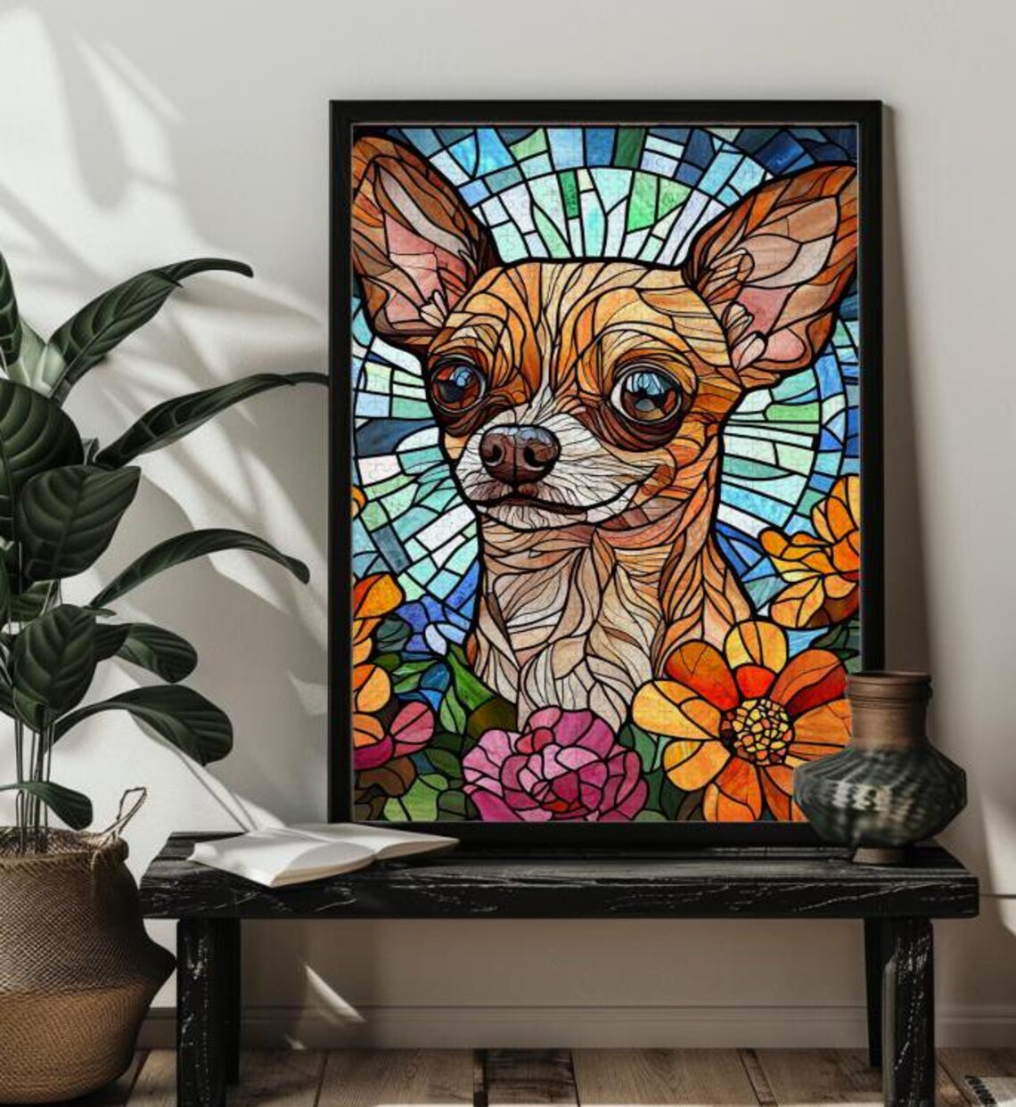 Sweet Stained Glass Chihuahua Portrait with Bright Flowers Poster - Image 4