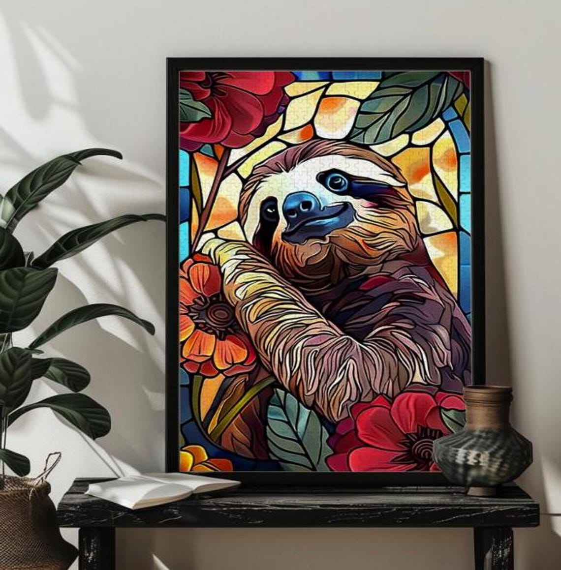 Smiling Sloth Hanging on a Branch Tropical Floral Art Poster - Image 2