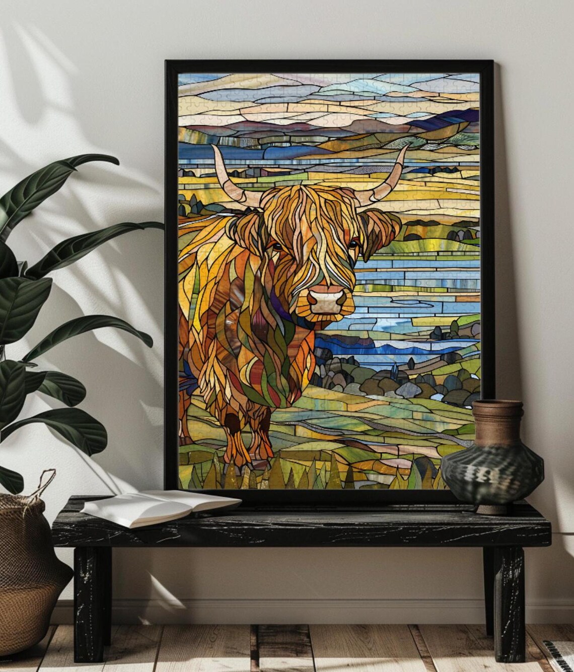 Stained Glass Highland Cow Bathroom Wall Art Print - Image 3