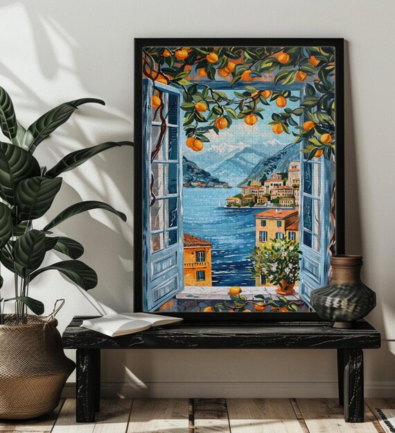 Open Window Overlooking a Mediterranean Lakeside Town Poster