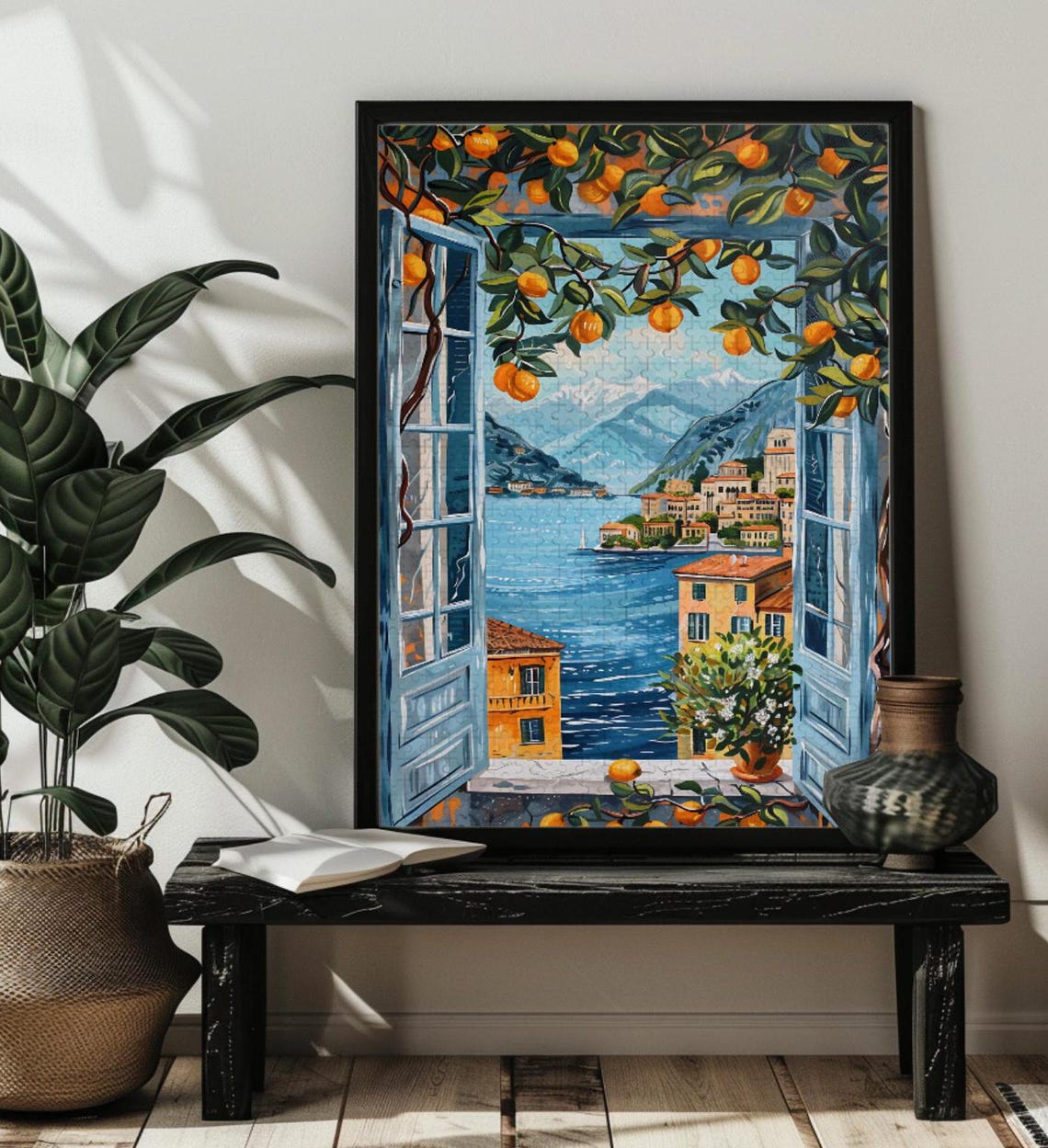 Open Window Overlooking a Mediterranean Lakeside Town Poster