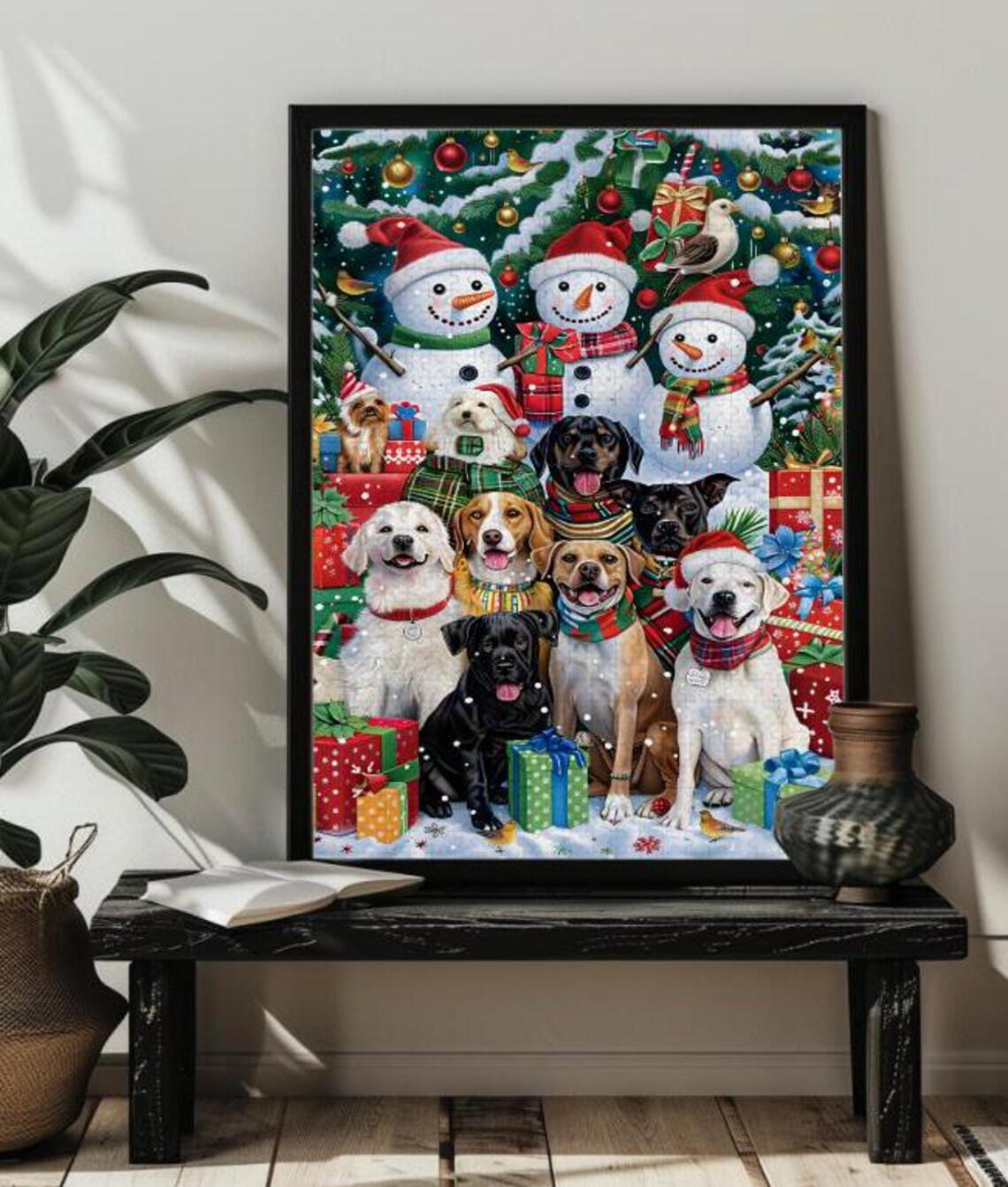 Happy Dogs With Snowmen Christmas Gifts Holiday Puppy Art Poster