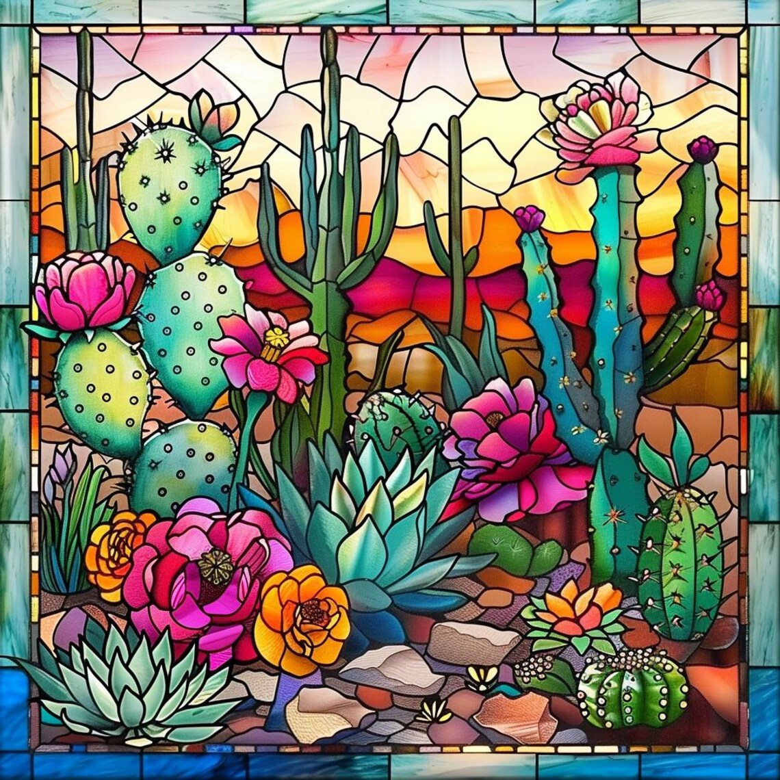 Desert Cactus Garden At Sunset Stained Glass Style Art Poster - Image 4