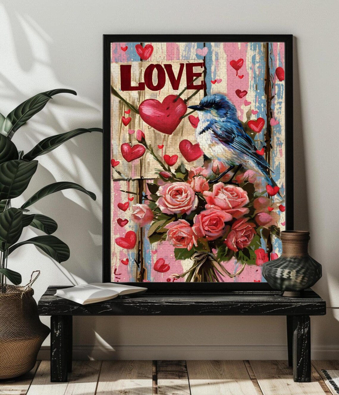 LOVE Sign Bluebird Red Hearts Roses Bouquet Rustic Wood Poster