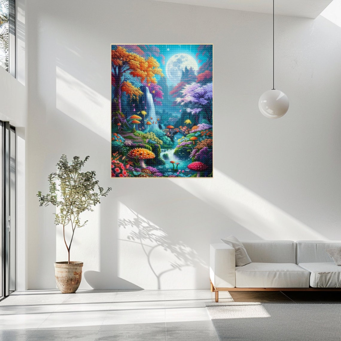 Magical Moonlit Forest with Waterfalls Diamond Painting Poster - Image 3