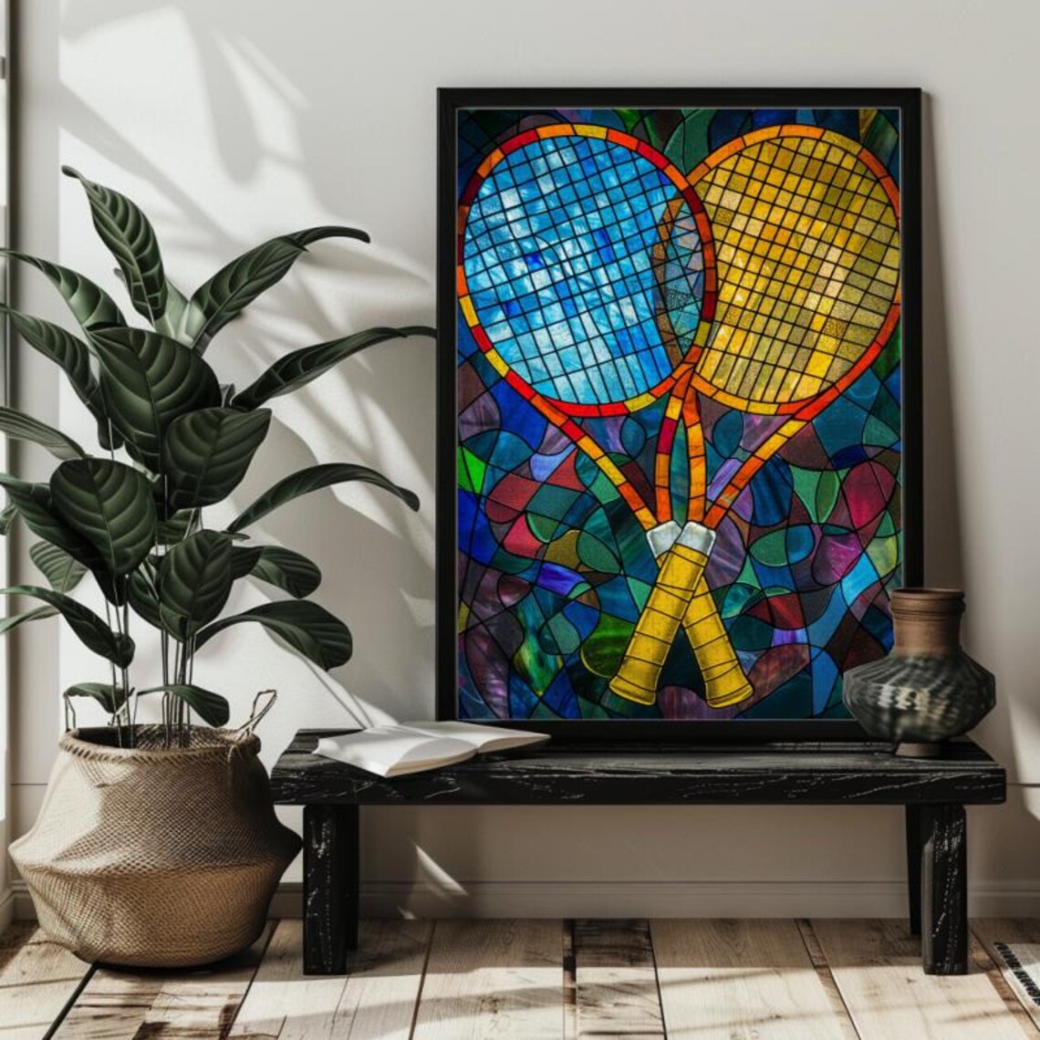 Stained Glass Tennis Racket Puzzle Art Print - Image 2
