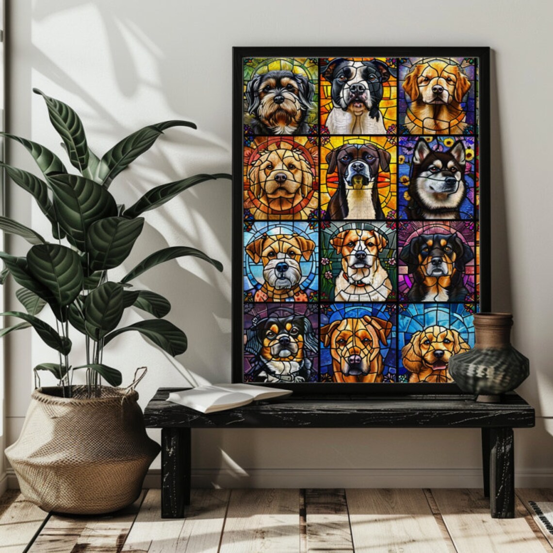 Stained Glass Dog Breed Portrait Collage Grid Twelve Dogs Poster