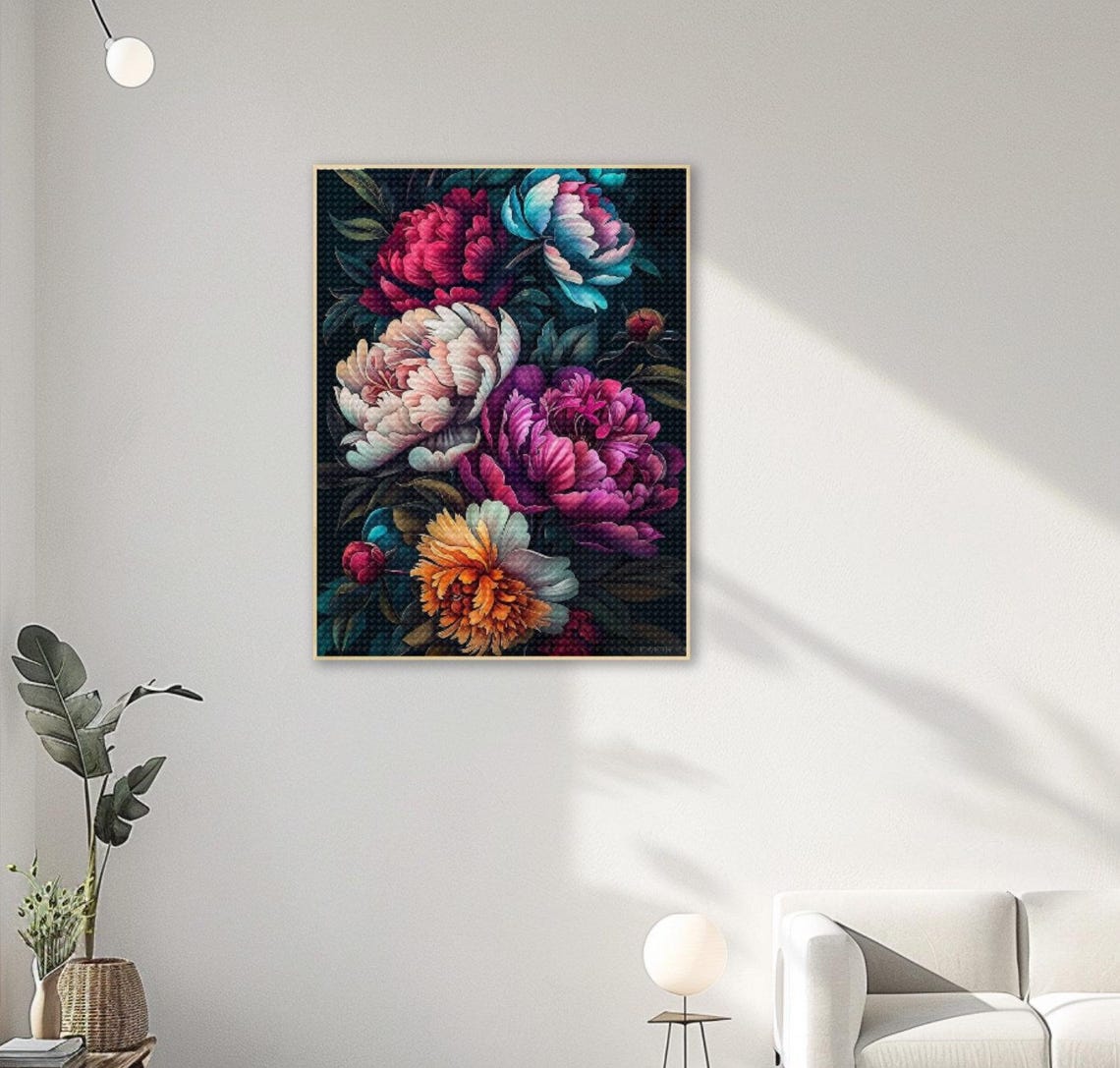 Lush Peony Bouquet On Dark Background Elegant Botanical Art Poster