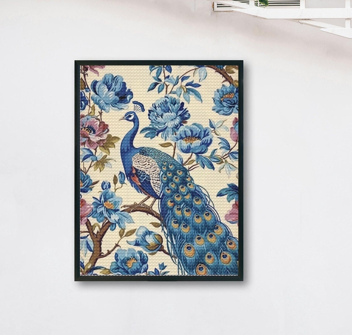 Regal Blue Peacock among Lush Colorful Botanical Flowers Poster - Image 4