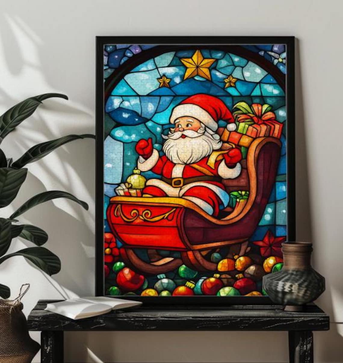 Santa Claus in Sleigh Stained Glass Christmas Holiday Poster