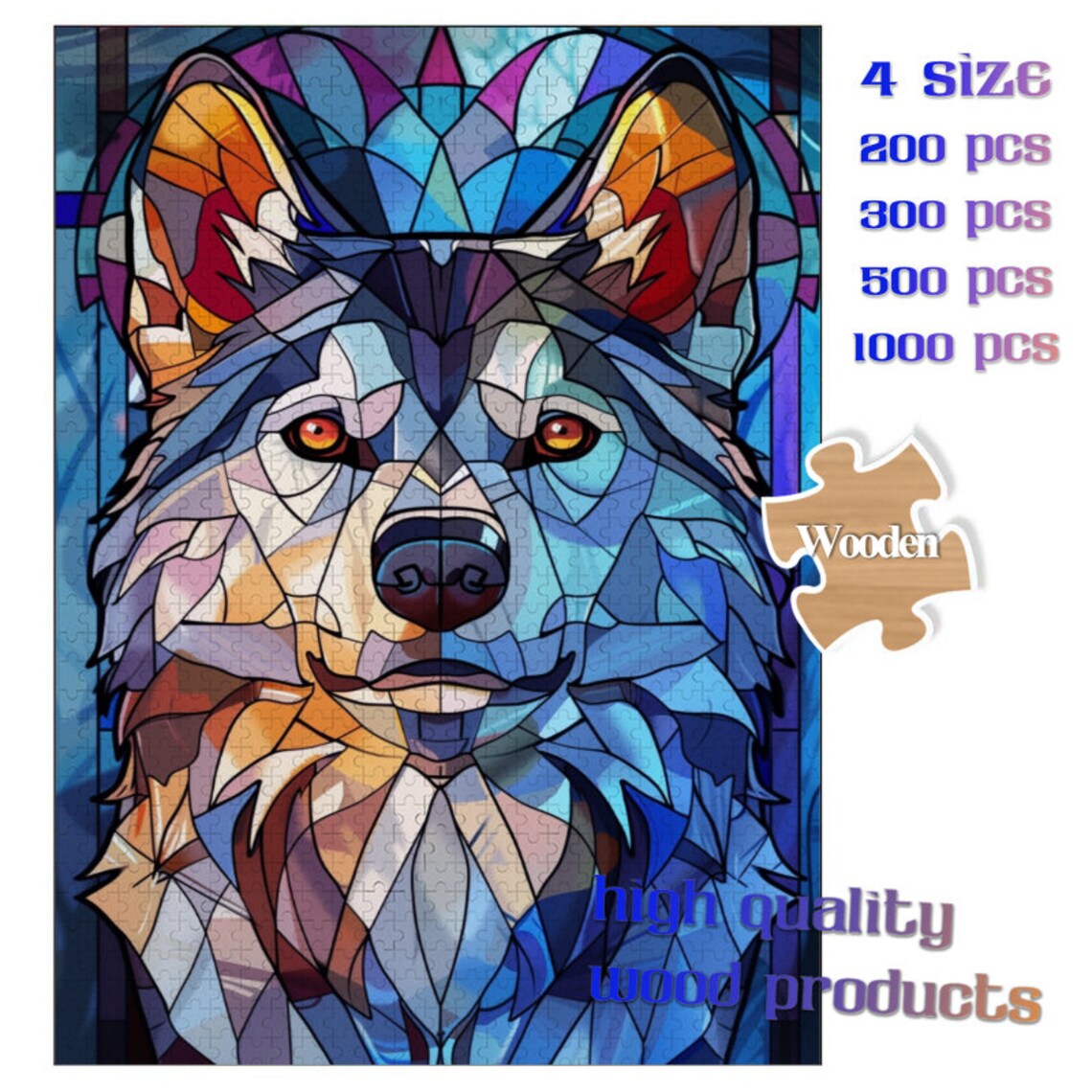Stained Glass Husky Portrait with Blue Eyes Blue Wolfdog Poster - Image 4