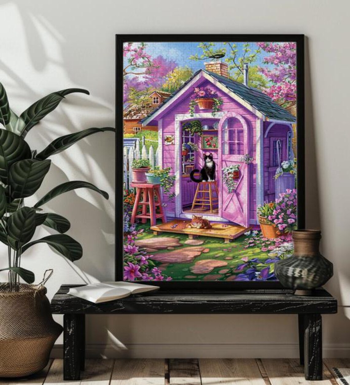 Garden Cat Floral Jigsaw Puzzle Art Print