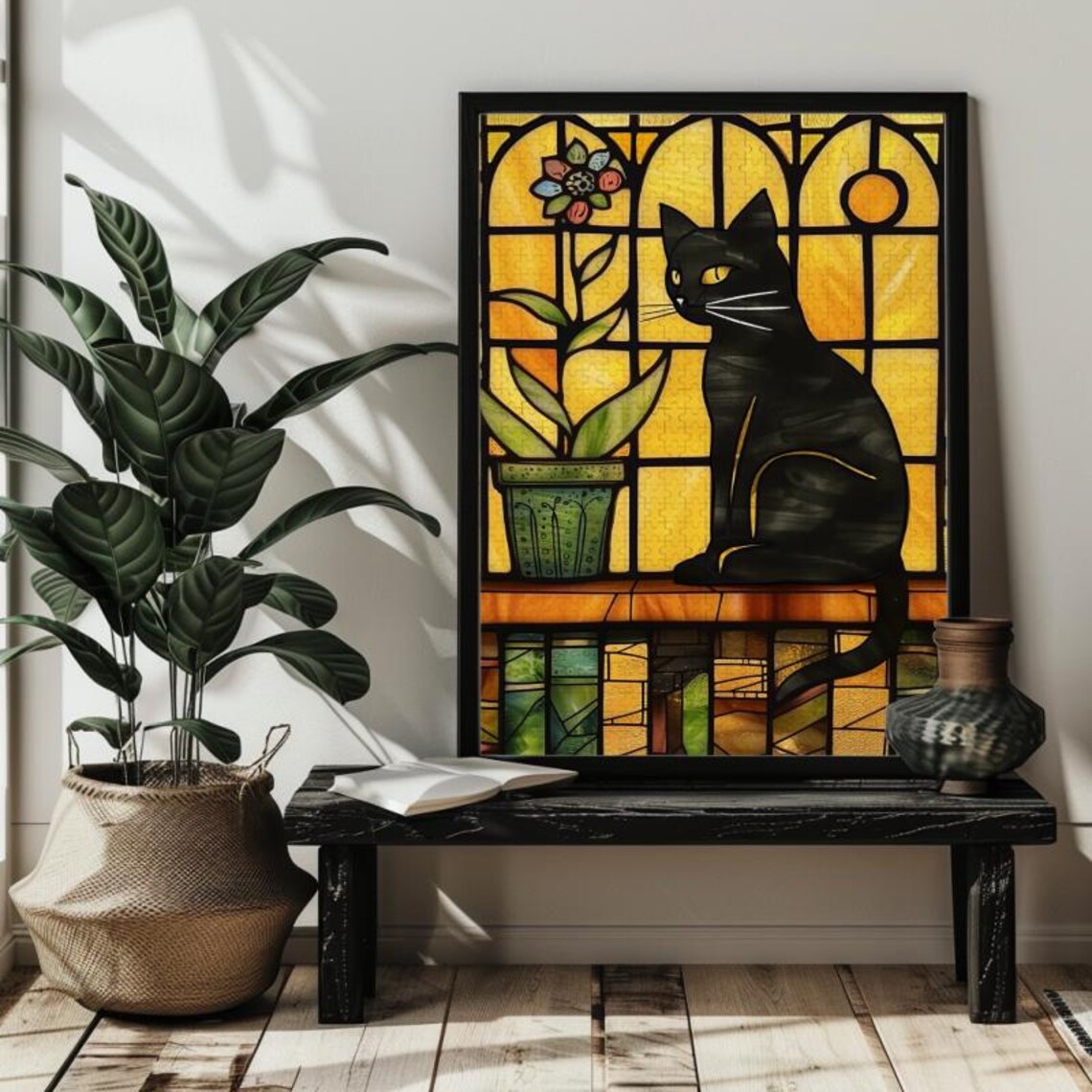 Black Cat Stained Glass Art Print, Book Lover Gift - Image 3