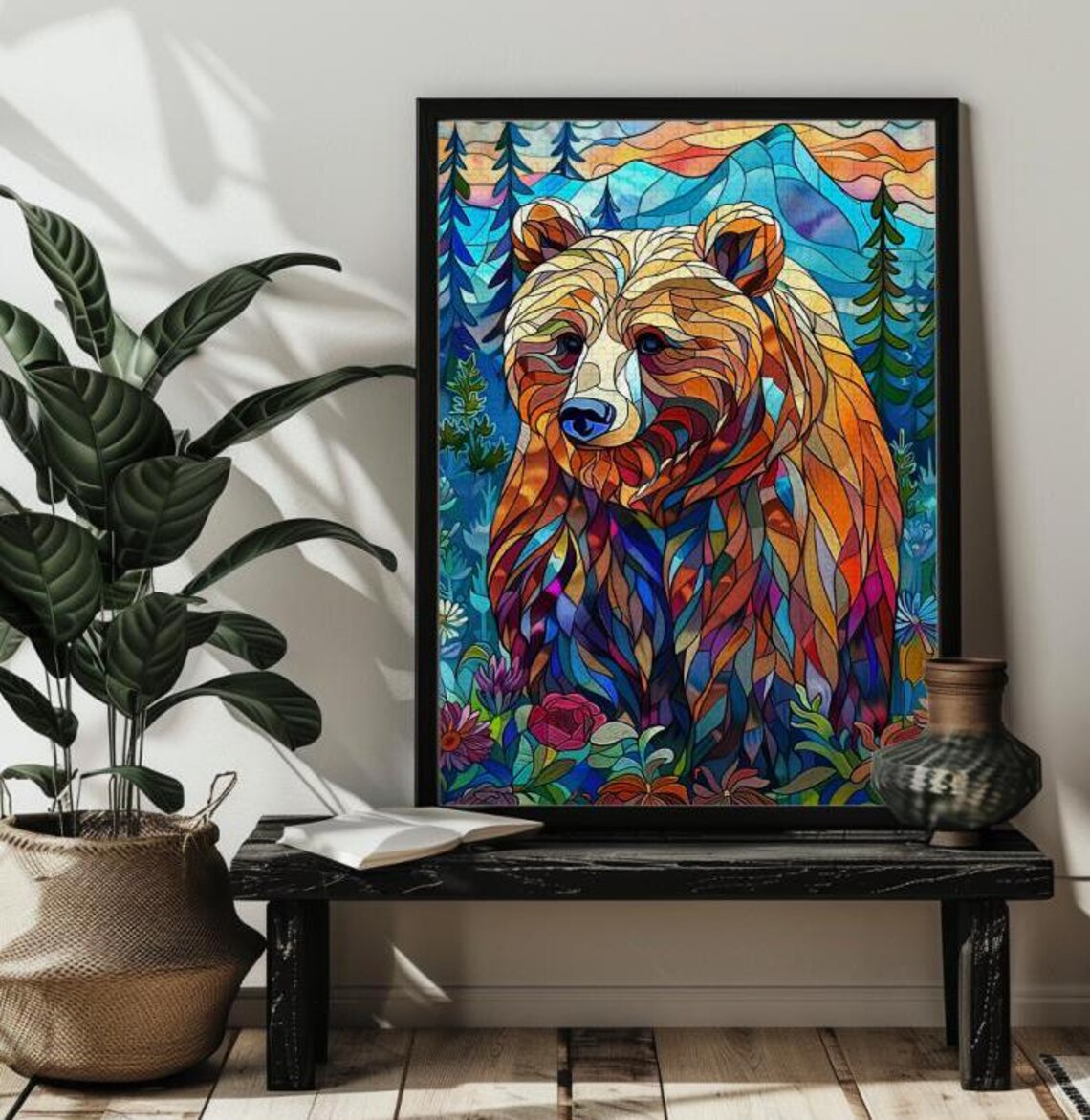 Stained Glass Bear Jigsaw Puzzle, Mountain Landscape - Image 3