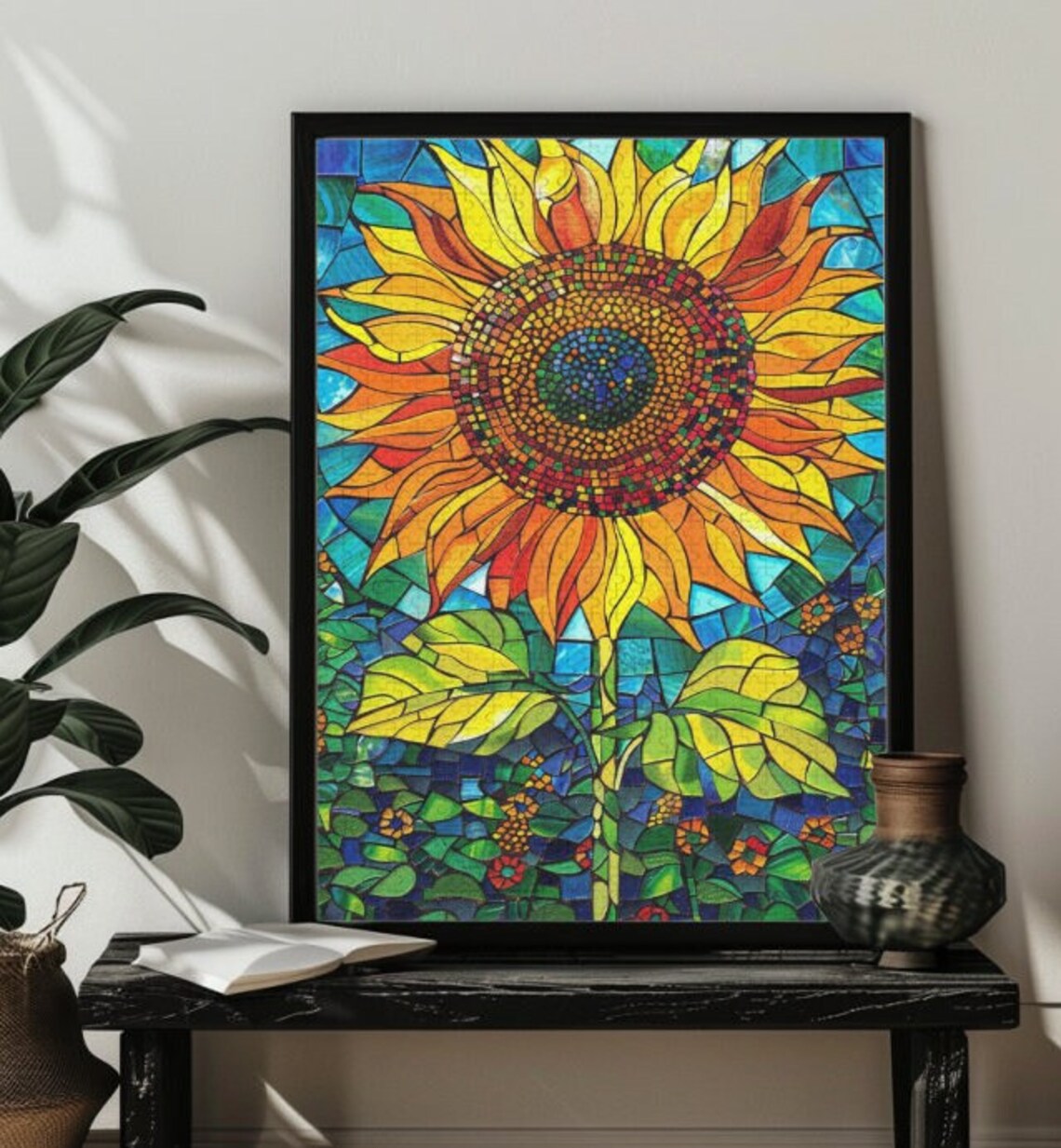 Stained Glass Sunflower Jigsaw Puzzle Art Print - Image 2
