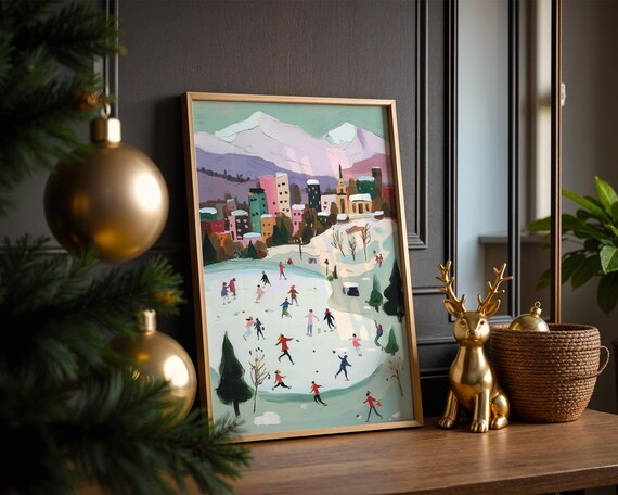 Winter Ice Skaters Snowy Village Mountain Christmas Holiday Poster