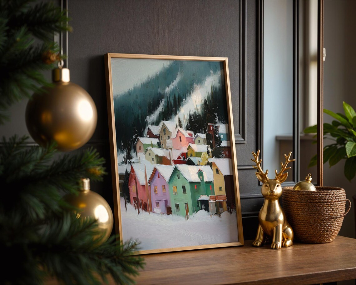 Snowy Winter Village Colorful Houses Mountain Christmas Poster