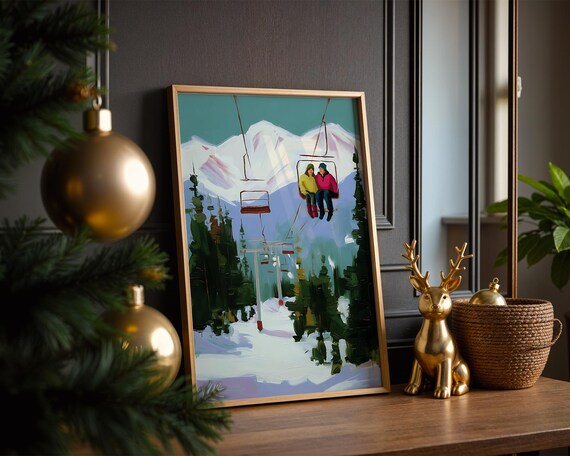 Couple Chairlift Ski Mountain Oil Painting Winter Holiday Scene Poster