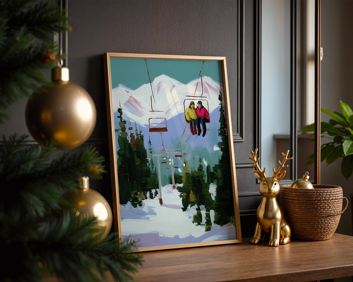 Couple Chairlift Ski Mountain Oil Painting Winter Holiday Scene Poster