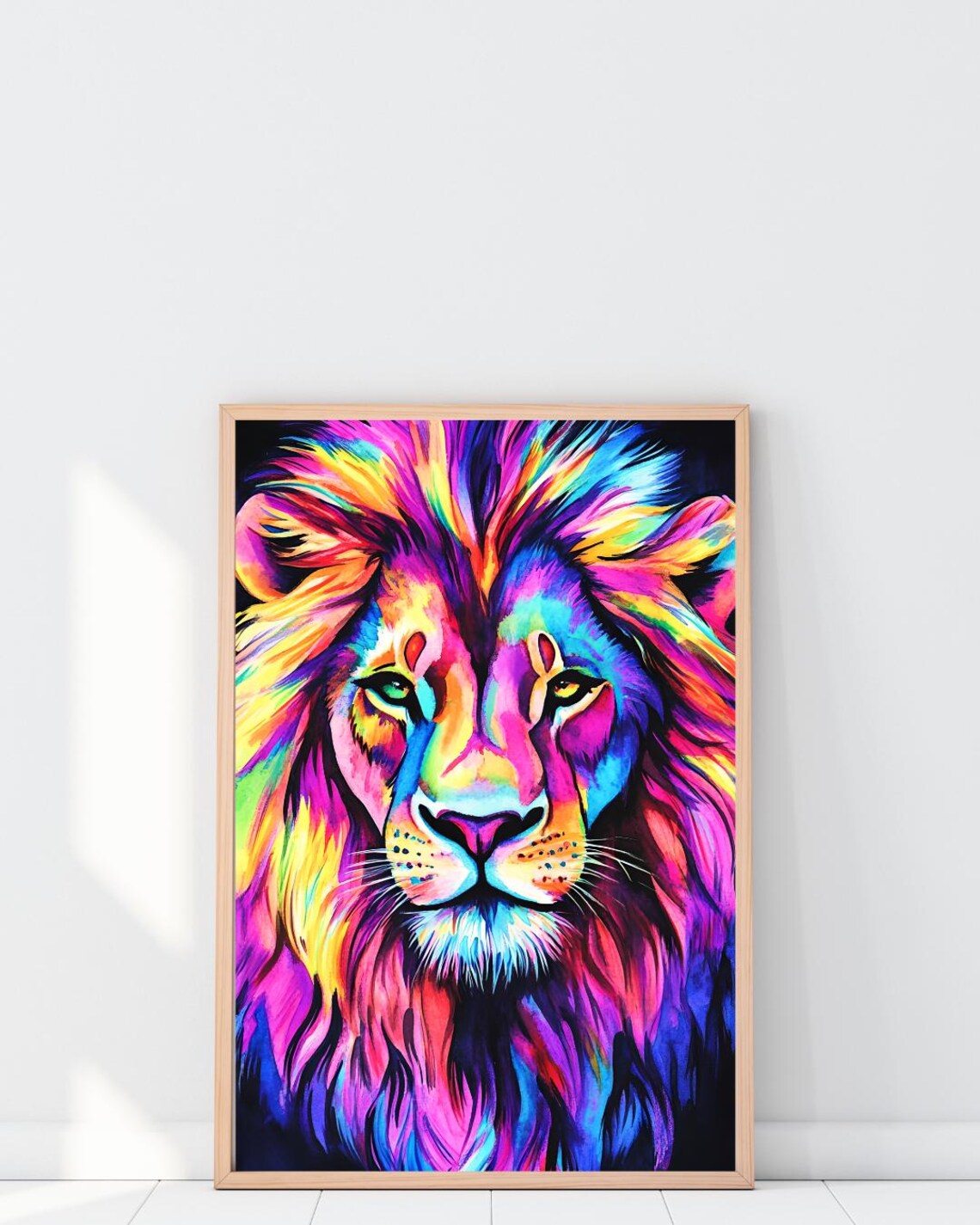 Neon Lion Watercolor Print Bold Jungle Wall Art
