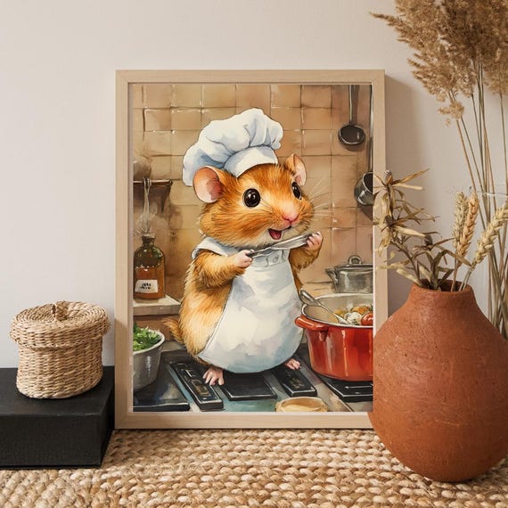 Hamster Chef Watercolor Print Funny Kitchen Animal Art
