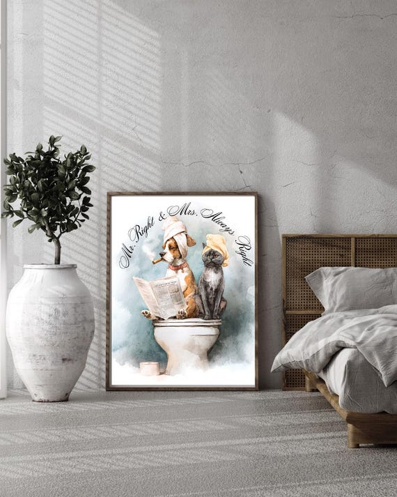 Funny Dog Cat Bathroom Print Quirky Watercolor Pet Decor