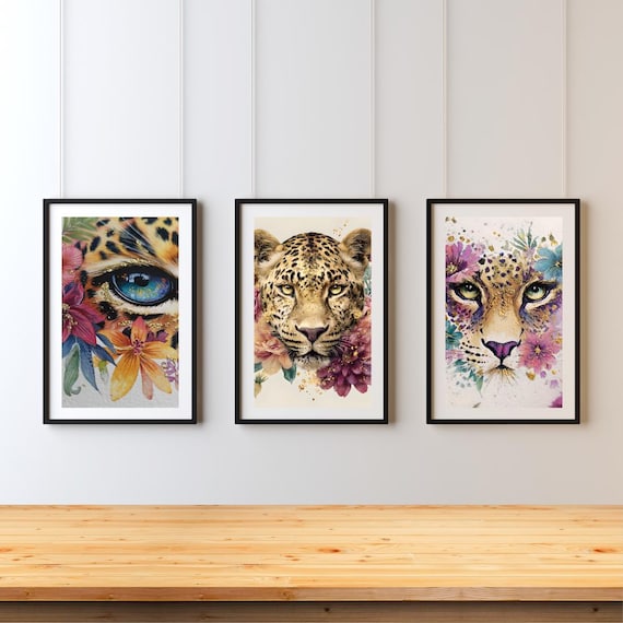 Leopard Face Watercolor Art Prints Gold Glitter Jungle Set 11x14 Inches