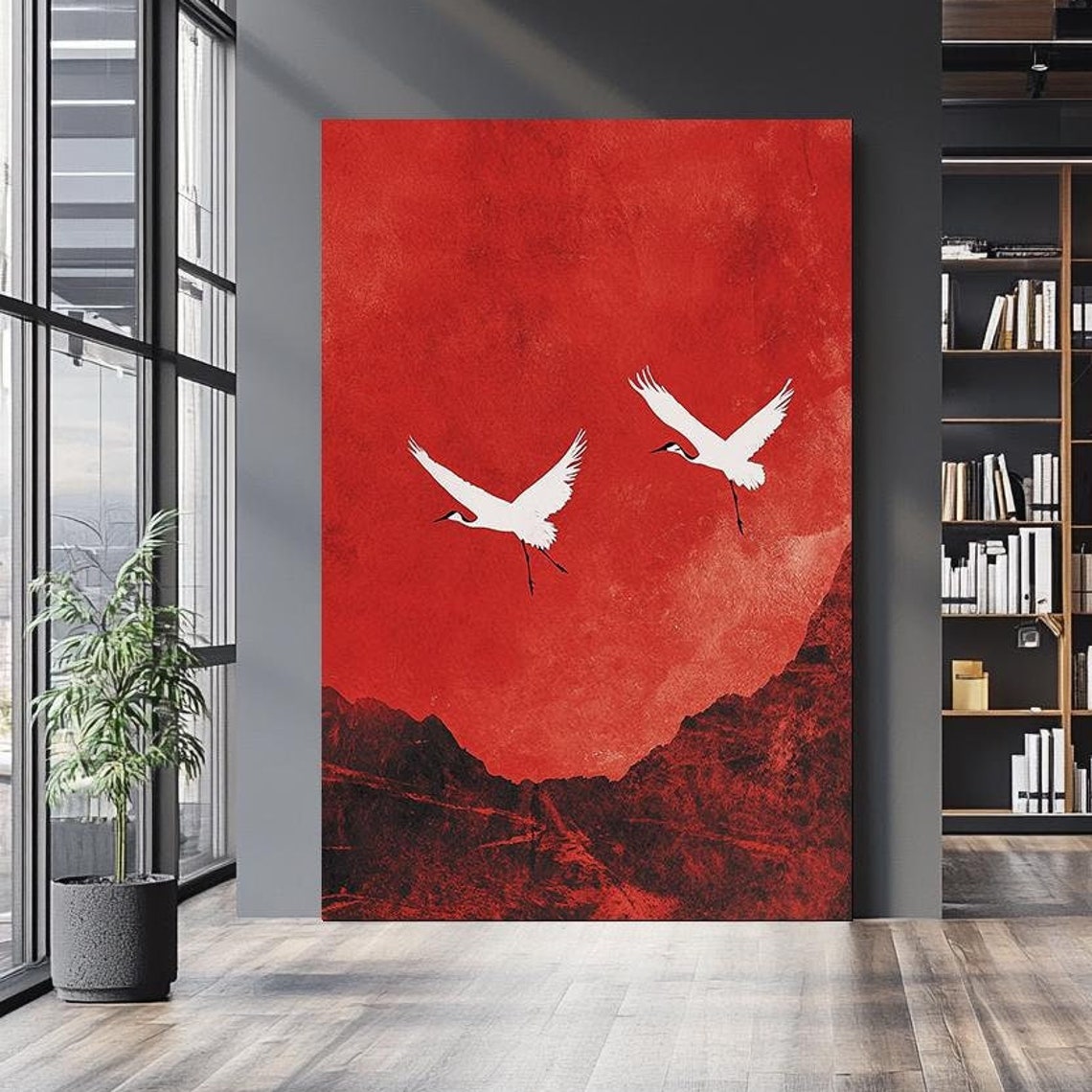 Japanese White Cranes Over Red Mountain Ridge Sunset Sky Wall Art