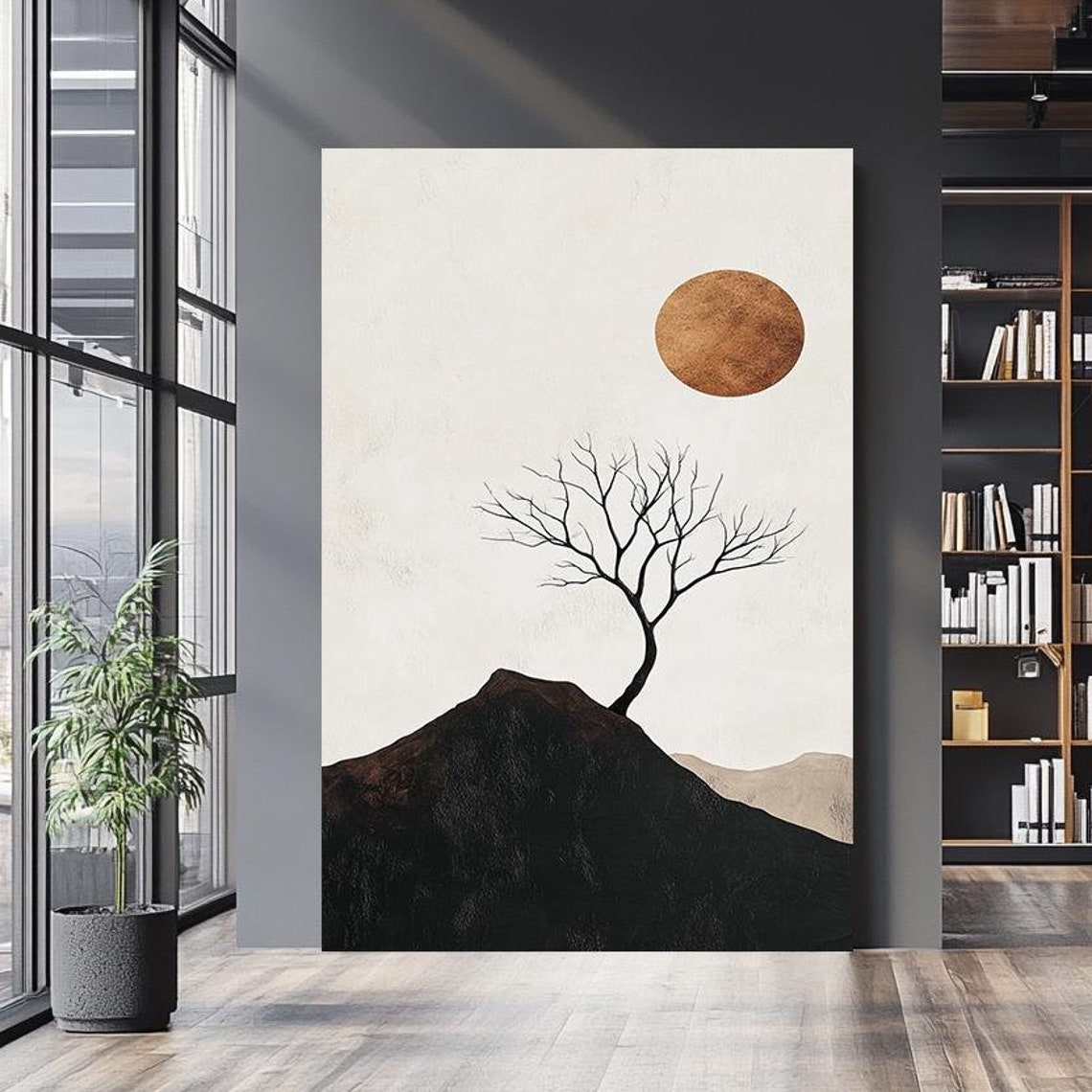 Zen Bare Tree on Dark Hill Bronze Sun Minimalist Nature Wall Art
