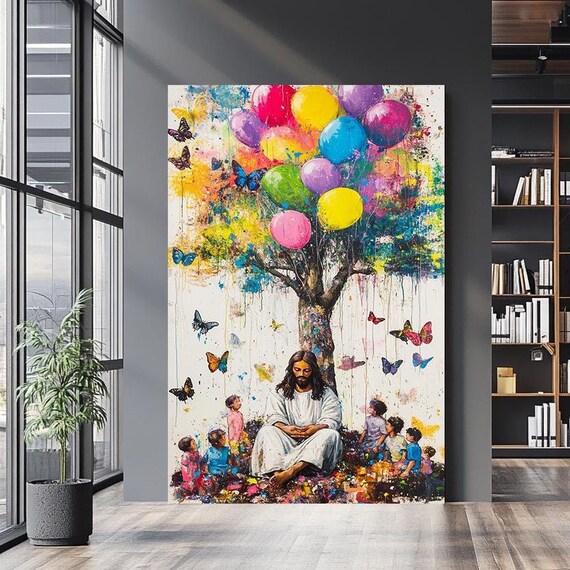 Jesus With Children Balloon Tree Butterflies Christian Wall Art