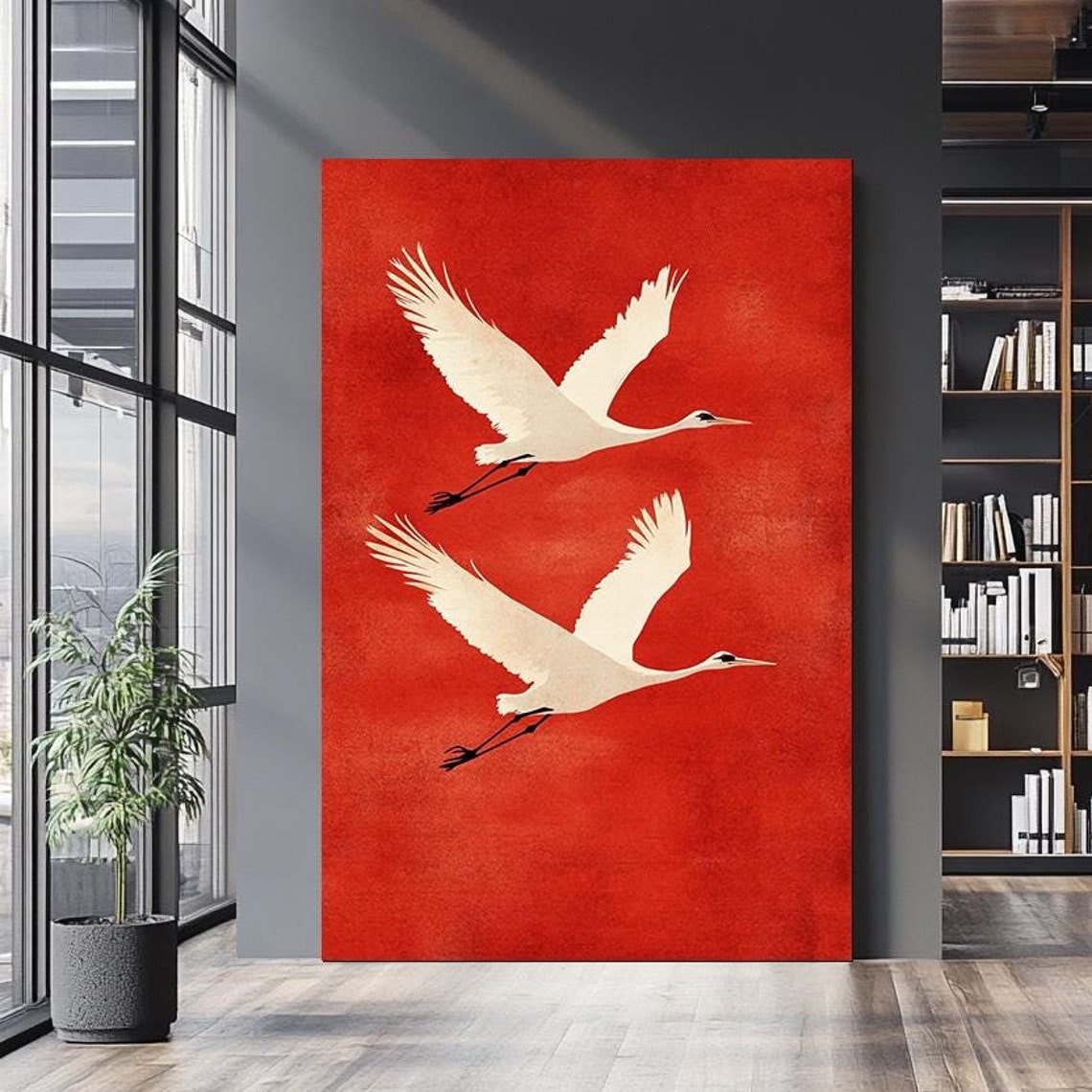 Japanese White Cranes Soaring Bright Red Sky Bold Minimalist Wall Art